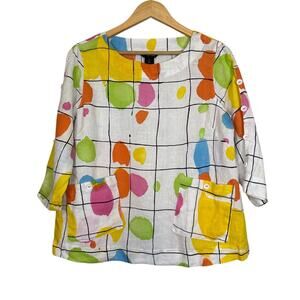 Vintage Artsy Linen Blouse Womens Medium Petites Art to Wear Paint Splatter